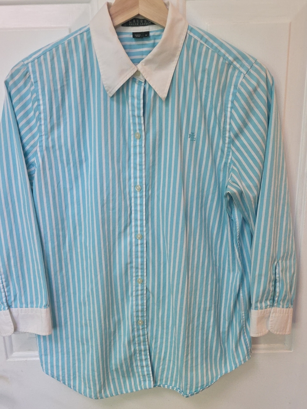 Lauren Ralph Lauren Blue & White Striped Cotton Button-Up Blouse
